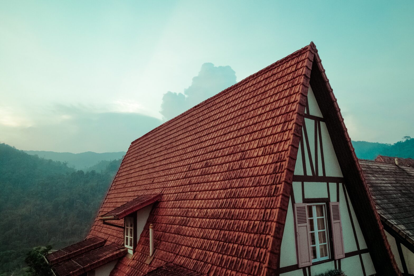 A steep roof with forestry in the background